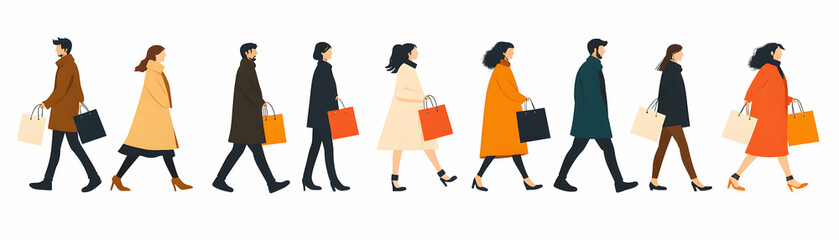 Stylish Shoppers Walking with Colorful Bags,  A Flat Illustration of People Enjoying Retail Therapy