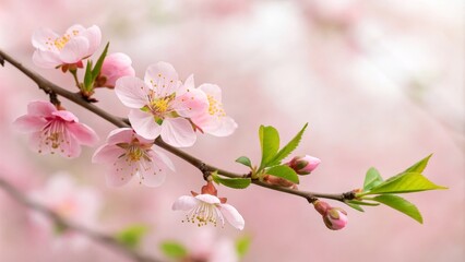Naklejka premium Delicate Peach Blossoms Spring Branch, Soft Pink Hues, Close-Up Composition