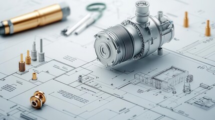Sustainable energy, innovative mechanical pump design, blueprint details, 3D illustration