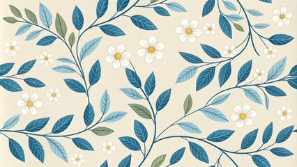 Blue Leaf and White Daisy Floral Pattern Beige Background