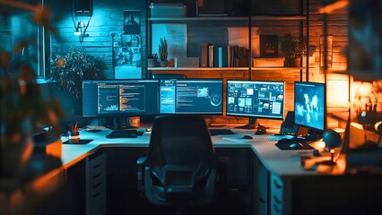 The Hacker's Sanctuary: Immerse yourself in the world of coding with this image of a dimly lit workspace, featuring multiple monitors displaying lines of code, a sleek black office chair.