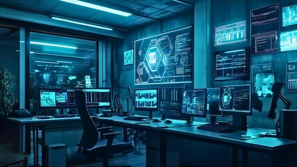 Cybersecurity Command Center: A sleek and futuristic command center, bathed in cool blue hues, where cybersecurity professionals monitor and protect against cyber threats.