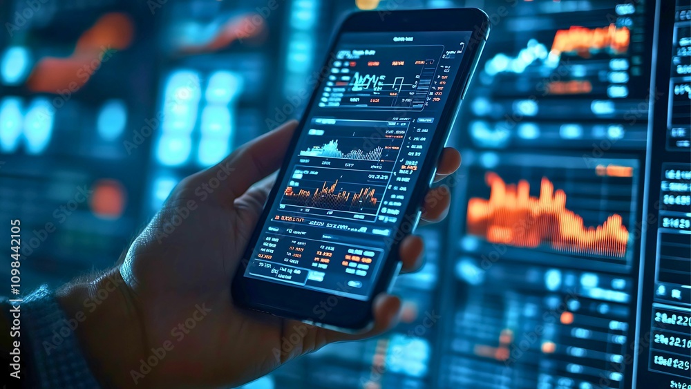 Poster data-driven decisions: a hand holds a tablet displaying dynamic financial charts and graphs, set aga