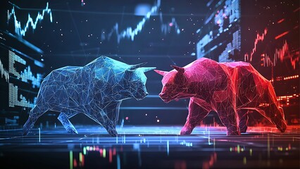 Bull vs Bear: A digital illustration of a blue bull and a red bear facing off against each other in a dynamic, stylized, and abstract representation of the stock market.