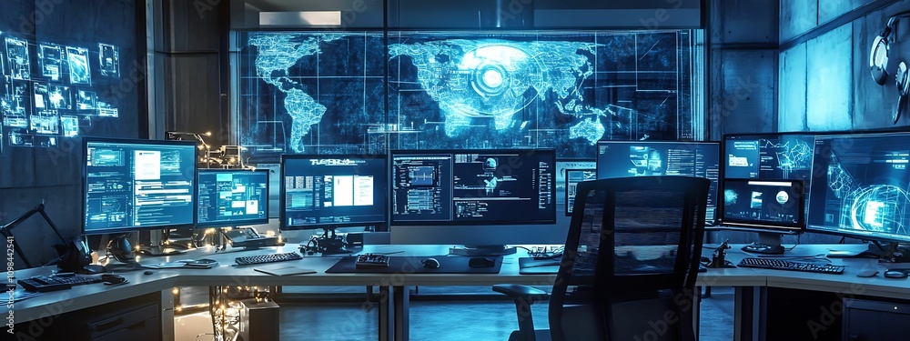 Poster cybersecurity command center: a high-tech, immersive view of a cybersecurity command center, filled 