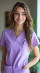A young nurse wearing scrubs that were bright purple.