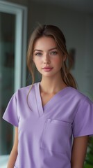 A young nurse wearing scrubs that were bright purple.