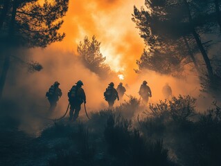 Fototapeta premium Firefighters unite battling fierce wildfire at sunset creating dramatic scene of danger and courage