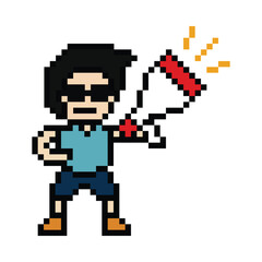 Obraz premium Cute pixel cartoon character man with megaphone announcement speaker information announce decoration 8 bit male boy megaphone cartoon pixel game png vector. 