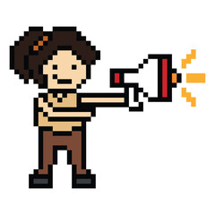 Fototapeta premium Cute pixel cartoon character woman with megaphone announcement speaker information announce decoration 8 bit female girl lady megaphone cartoon pixel game png vector.