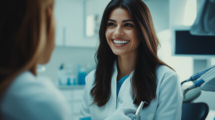 Fototapeta premium Smiling dentist engages with a patient in a modern dental clinic during a consultation