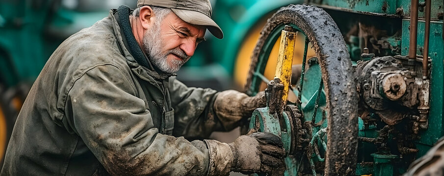 Grimy Farmer Mechanic Repairs Old Tractor's Mechanism Outdoors
