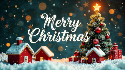 Christmas holiday background photography with white Handwriting thin Letters Merry Christmas over Christmas background with small snow Christmas tree, small houses, gifts and ball
