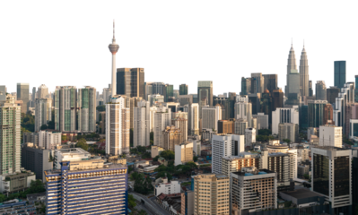 Kuala Lumpur skyline featuring iconic towers and buildings, isolated on a white background. Ideal for templates, layouts, and design concepts