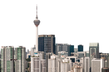Kuala Lumpur skyline featuring iconic towers and modern buildings, isolated on a white background. Concept of architecture and cityscape
