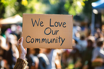 A lively gathering shows someone with a sign expressing love for community and togetherness
