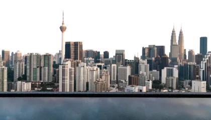 Kuala Lumpur skyline featuring modern skyscrapers, including the Petronas Towers, isolated on a white background with reflections in water