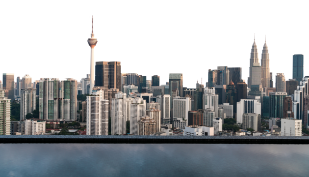 Kuala Lumpur skyline featuring modern skyscrapers, including the Petronas Towers, isolated on a white background with reflections in water