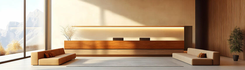 Fototapeta premium Modern Minimalist Lobby Design with Mountain View
