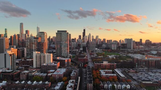 Drone footage of Chicago during sunset