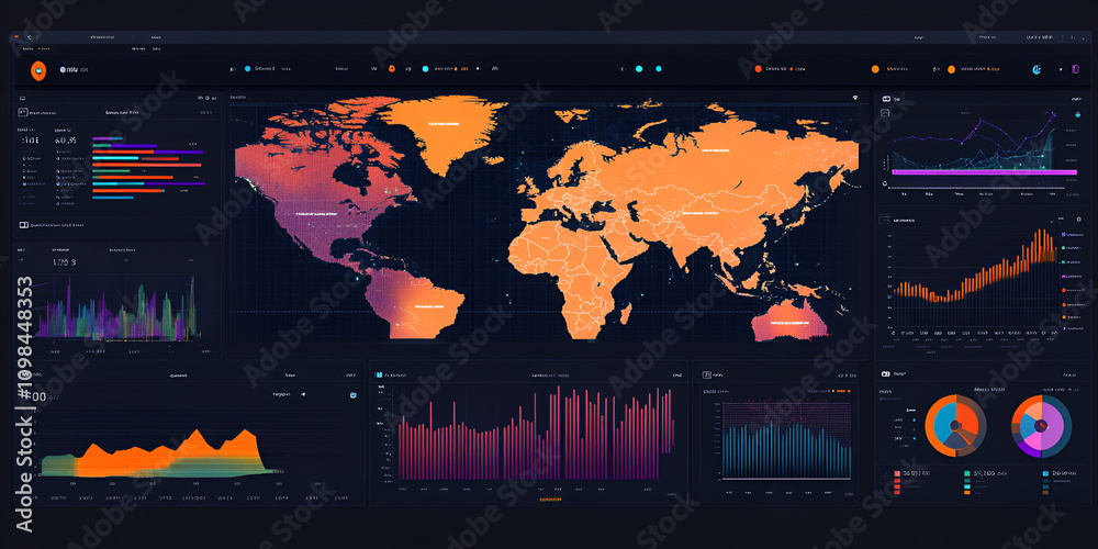 Poster global data visualization: a captivating display of worldwide data analysis, presented on a futurist