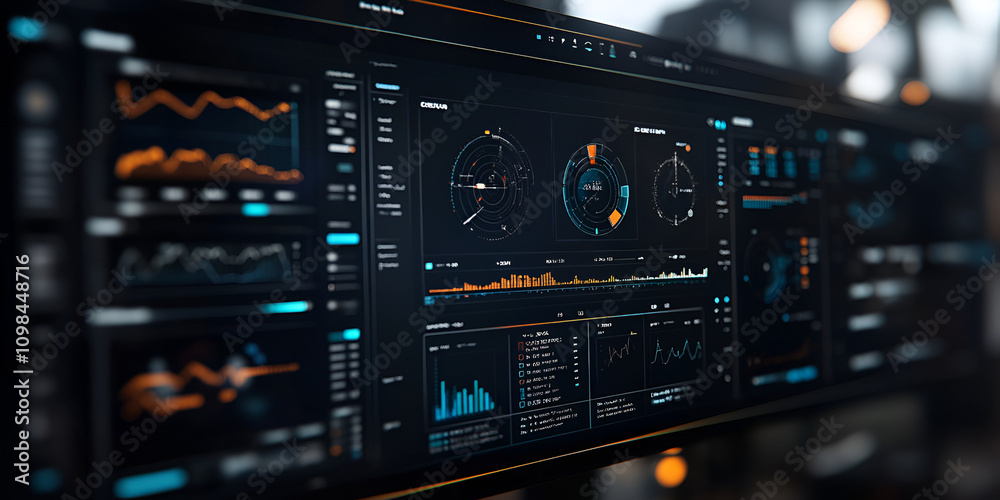 Poster cybernetic dashboard: futuristic digital interface displays real-time data analytics, charts, and gr