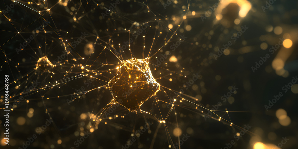 Poster golden neural network: abstract digital art depicting a glowing neural network, with golden nodes an