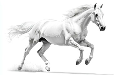 Fototapeta premium Majestic White Stallion in Motion: A Captivating Black and White Equestrian Artwork Depicting a Graceful Horse Running with its Mane and Tail Flowing Freely Against a Pristine White Background.