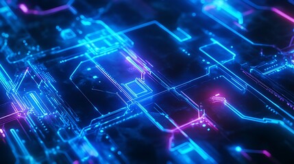 A vibrant, abstract representation of a circuit board with neon lights.