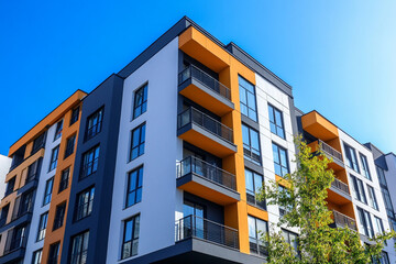 Fototapeta premium New building architecture on blue background, low angle view of modern building exterior