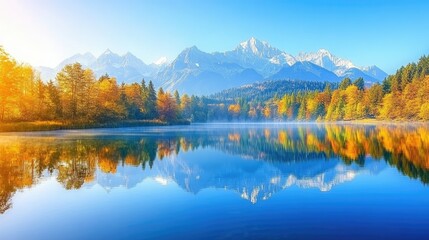 Obraz premium Serene Mountain Lake with Vibrant Autumn Foliage and Clear Sky