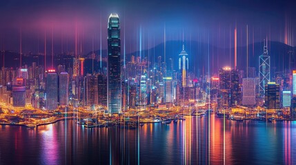 Obraz premium Vibrant City Skyline at Night with Colorful Lights and Reflection