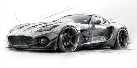 Sleek Sports Car Design Sketch in Monochrome