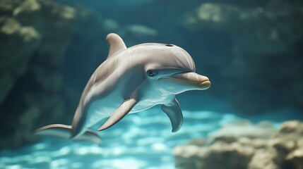 Fototapeta premium Playful Dolphin Swimming Gracefully in a Serene Underwater Scene