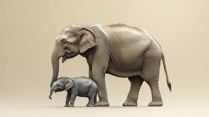 Obraz premium Realistic 3D Render of Elephant and Baby Elephant in Studio Setting