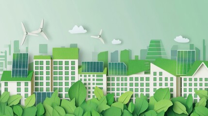 A conceptual illustration of a green city skyline with rooftops adorned with solar panels and green spaces, symbolizing urban sustainability and eco-friendly architecture, minimalist style