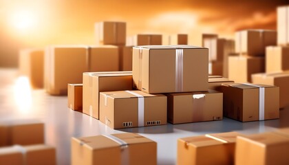 Fototapeta premium Cardboard boxes ready for packing and logistics storage, with a shallow depth of field.
