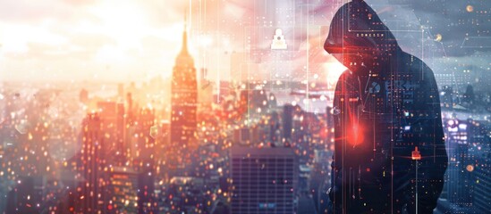 Double exposure of a hacker and a padlock on a city background with digital elements, in security concept style.