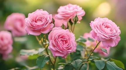 Obraz premium A close-up of pink roses blooming amidst green foliage, showcasing their beauty and elegance.