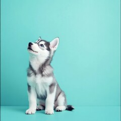 A cute Siberian Husky puppy sitting on a solid pastel teal background with space above for text. --v 6.1 Job ID: 1a83150c-8115-4106-acc3-2974df8086c0