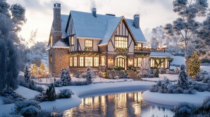 Cozy Winter Cottage Surrounded by Snow and Frosty Nature Beauty