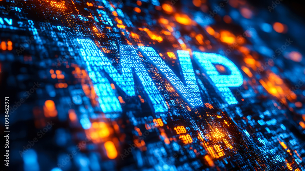Poster blue matrix binary code spelling mvp for minimum viable product concept in technology