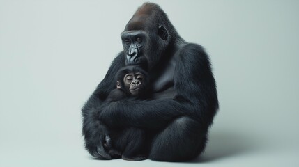 Obraz premium Tender Moment Between Gorilla and Baby in Minimalist Setting