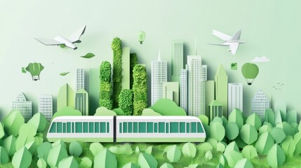 Naklejka premium A conceptual illustration of a green cityscape with integrated vertical gardens and solar-powered residential buildings, symbolizing urban sustainability and renewable energy adoption