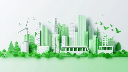 Fototapeta premium A conceptual illustration of a green cityscape with integrated vertical gardens and solar-powered residential buildings, symbolizing urban sustainability and renewable energy adoption