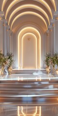 Fototapeta premium Luxurious interior with arched hallway, ambient lighting, and floral decor. Perfect for themes of elegance, architecture, and modern design.