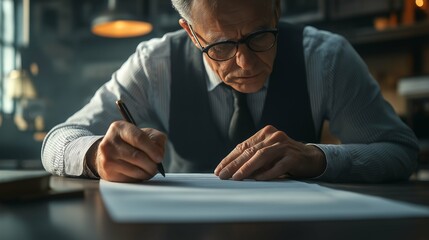 Fototapeta premium Senior Man Writing with Pen on Paper in Contemporary Workspace