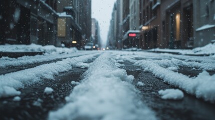 Fluffy white snow on street banner composition background 