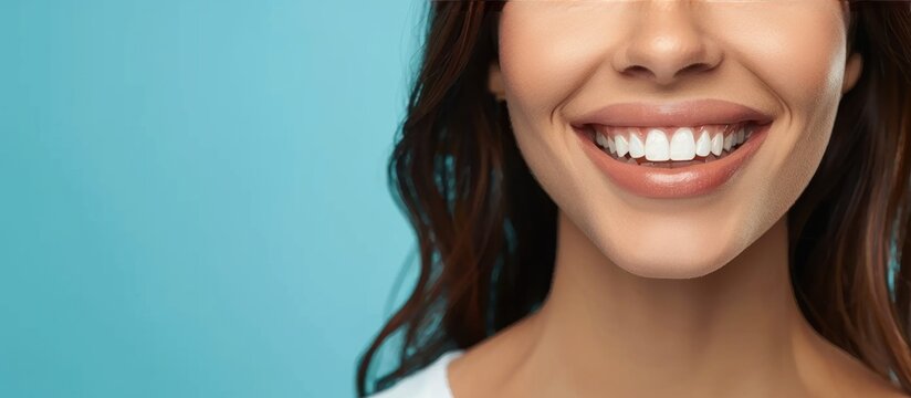 Close up of a beautiful smiling woman with white teeth on a blue background, healthy clean mouth concept banner for dental clinic or beauty treatment advertising stock photo copy space banner mockup