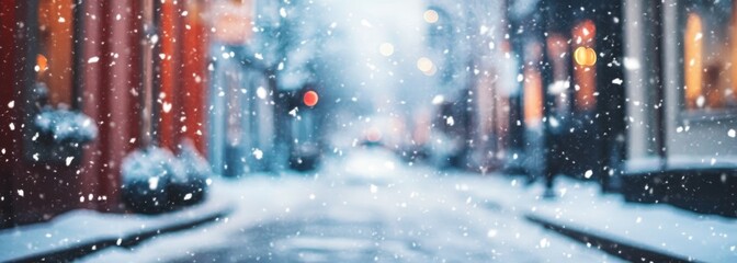 Fluffy white snow on street banner composition background 